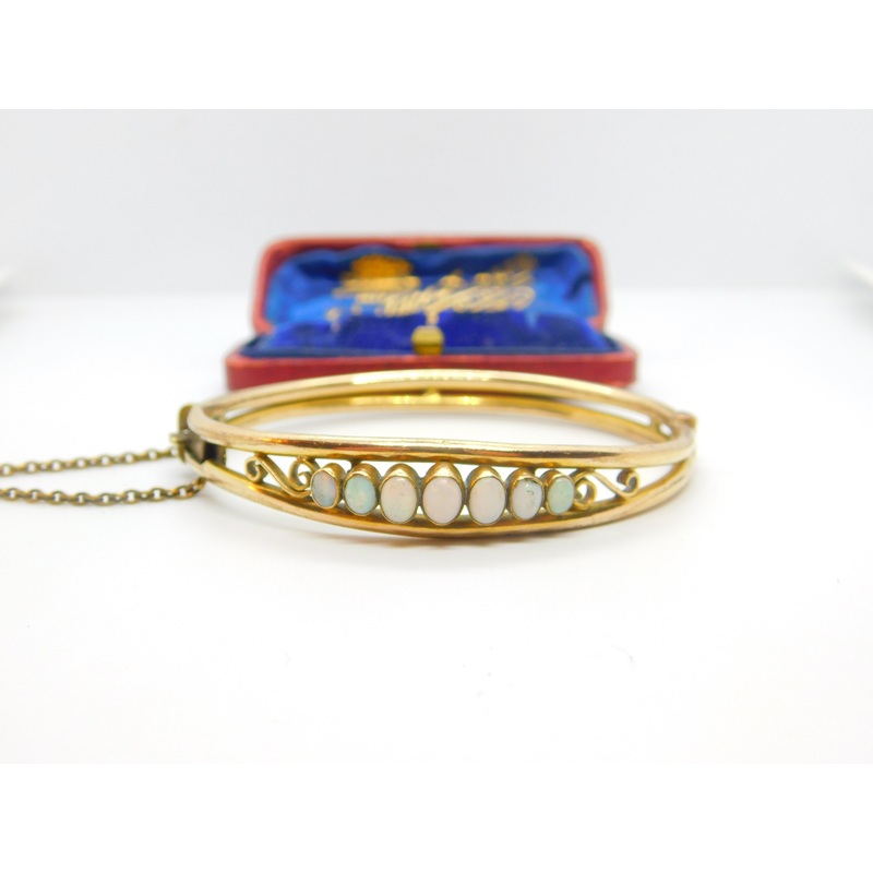 Victorian Rolled Gold & Cabochon Fire Opal Set Bangle Bracelet c1880 Antique