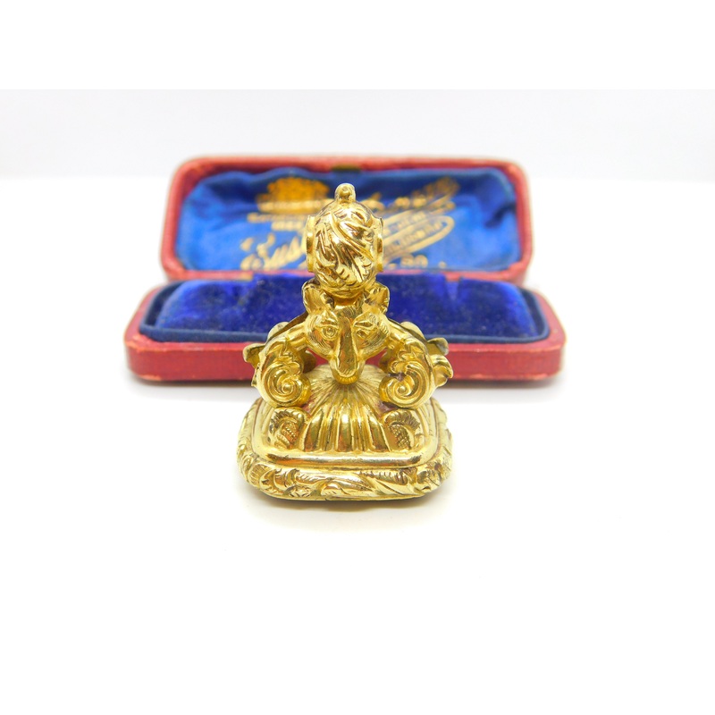 Victorian Yellow Metal & Chalcedony Set Fox Mask Form Fob Seal Pendant c1860
