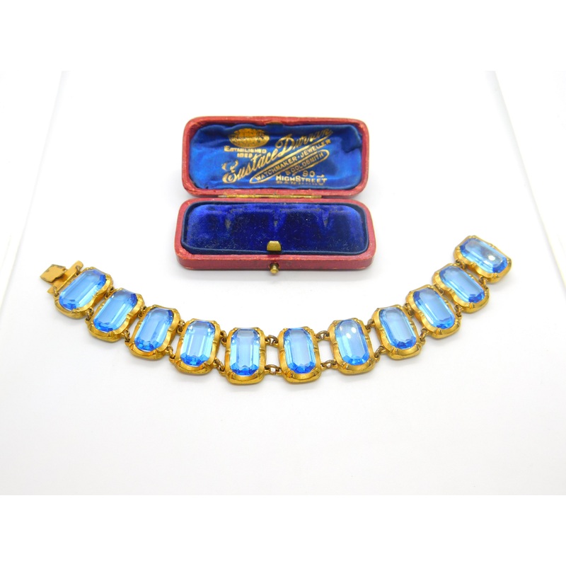 Victorian Yellow Metal & Large Blue Emerald Cut Paste Stone Panel Bracelet c1900