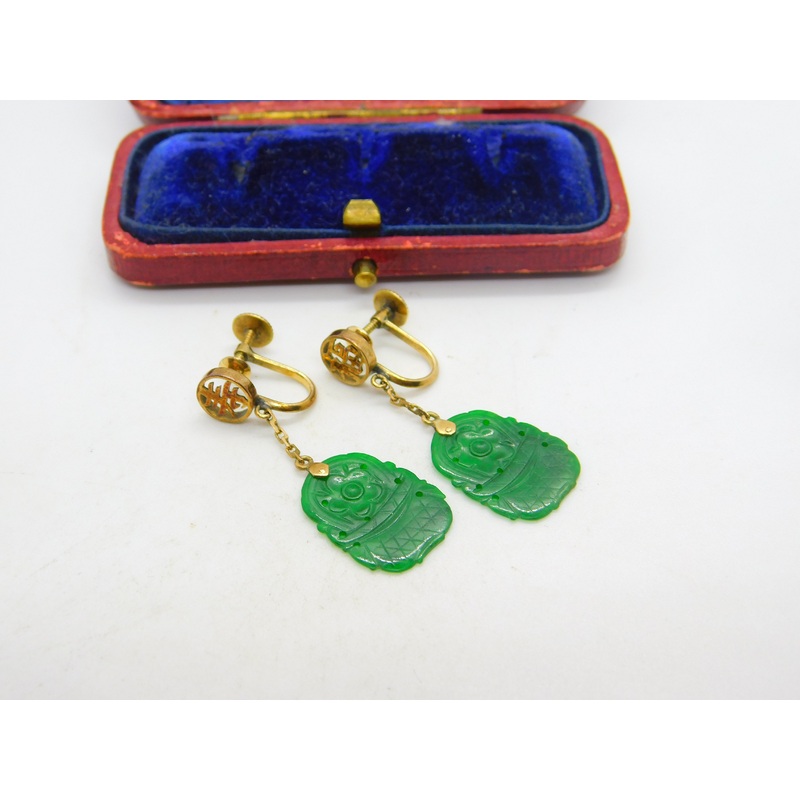 14ct Yellow Gold Character Form Jade Screw-Back Drop Earrings Antique c1940