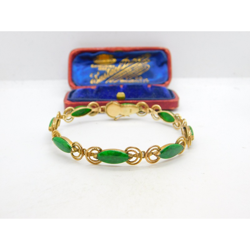14ct Yellow Gold & Green Jade Set Rope Form Panel Bracelet Antique c1940