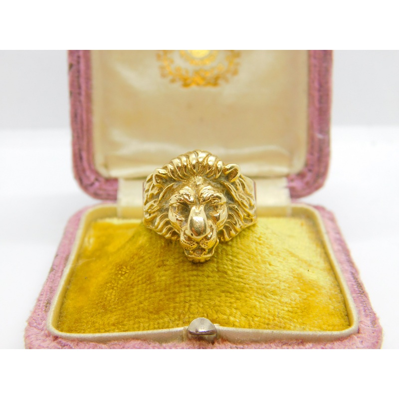 14ct Yellow Gold Lion Mask Statement Signet Ring Vintage c1980 Size V UK