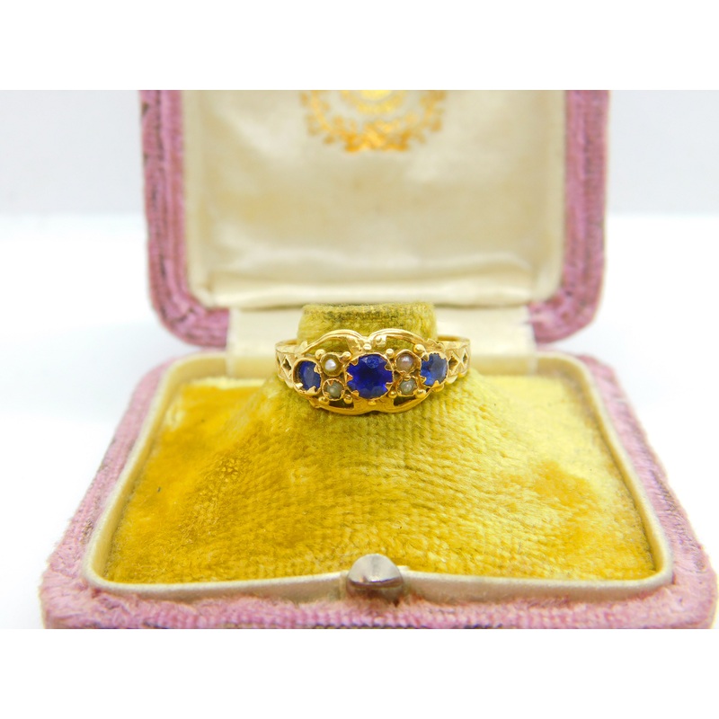18ct Yellow Gold, Sapphire & Pearl Boat Ring 1911 Chester Antique Art Deco