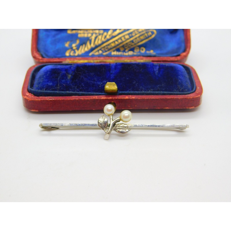 9ct White Gold & Pearl Set Spring Flower Bar Brooch Antique c1920 Art Deco