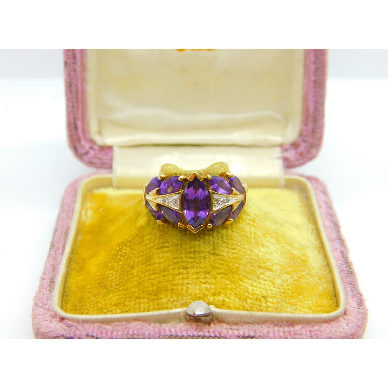 9ct Yellow Gold, Amethyst & Diamond Set Modernist Ring Vintage Birmingham