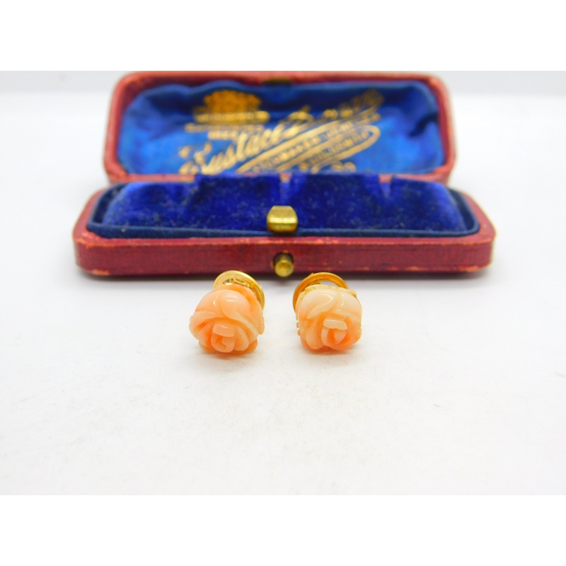 9ct Yellow Gold & Carved Coral Rose Flower Stud Earrings Vintage c1970