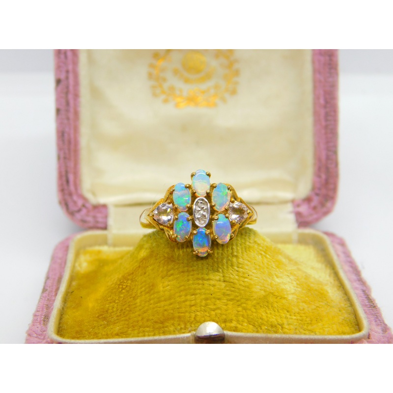 9ct Yellow Gold, Diamond & Water Opal Cluster Ring Vintage Birmingham