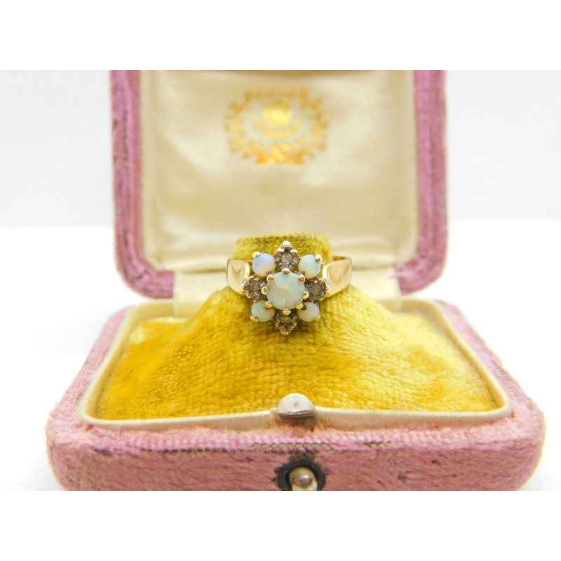 9ct Yellow Gold, Fire Opals & Diamond Floral Cluster Ring 1978 London