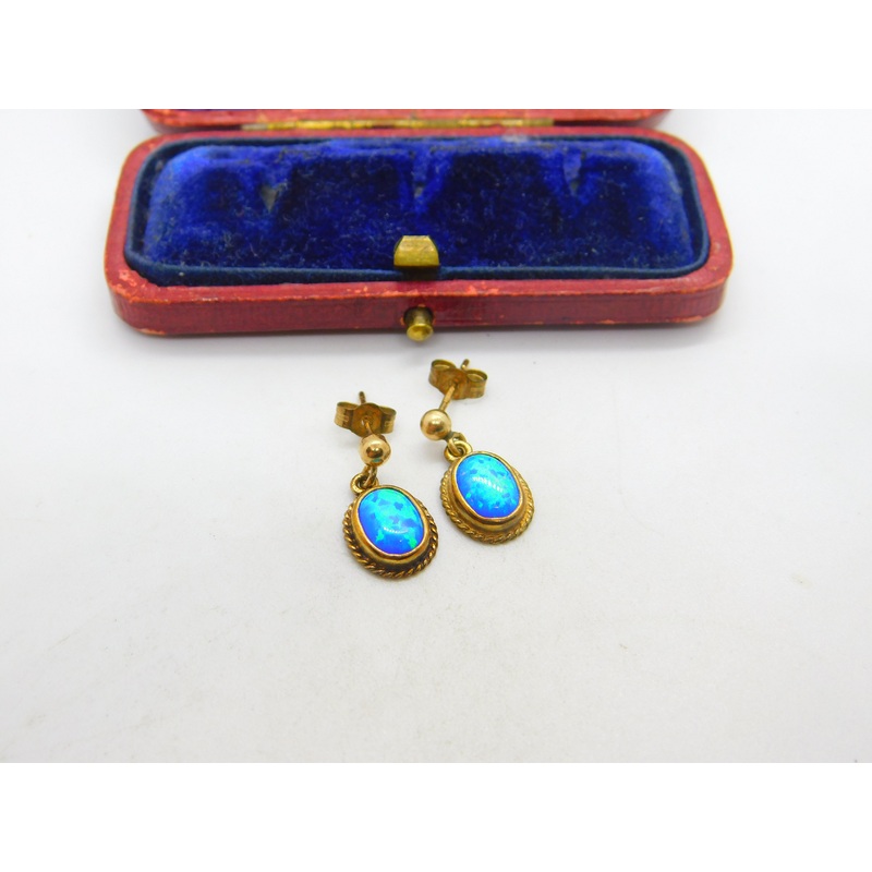 9ct Yellow Gold & Greek Opal Drop Earrings Vintage c1980 Birmingham