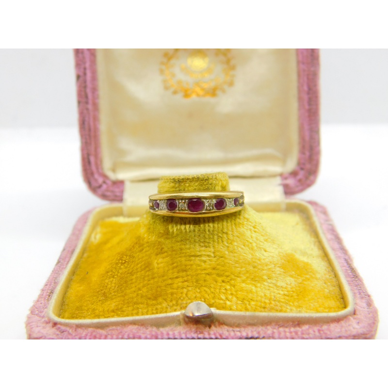 9ct Yellow Gold, Natural Ruby & Diamond Boat Ring Vintage c1970 London