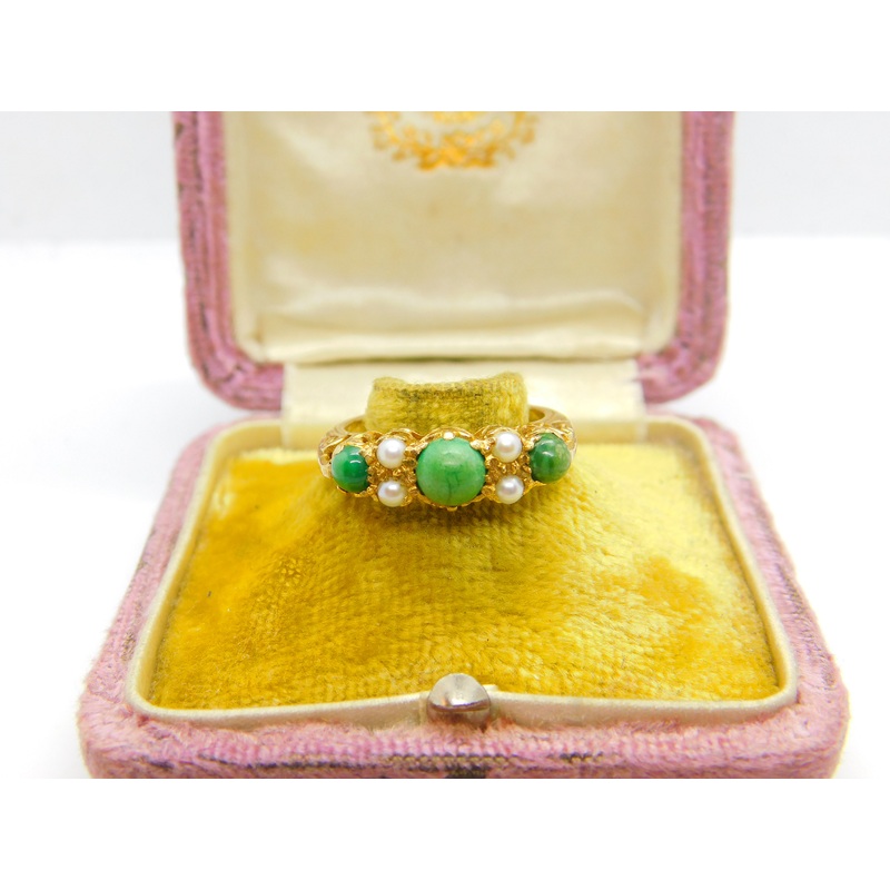 9ct Yellow Gold Ornate Turquoise & Pearl Set Band Ring Antique c1930 Art Deco