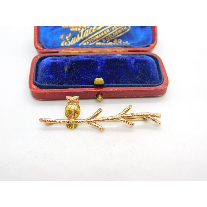 9ct Yellow Gold Owl Perched on Branch Bar Brooch Vintage 1963 Birmingham