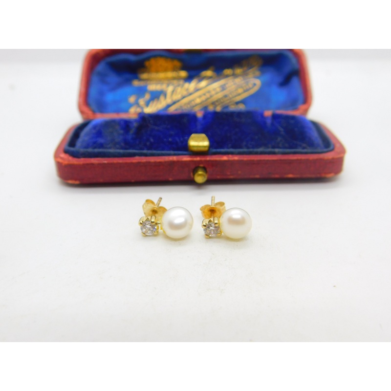 9ct Yellow Gold, Pearl & Diamond Paste Stud Earrings Vintage c1970