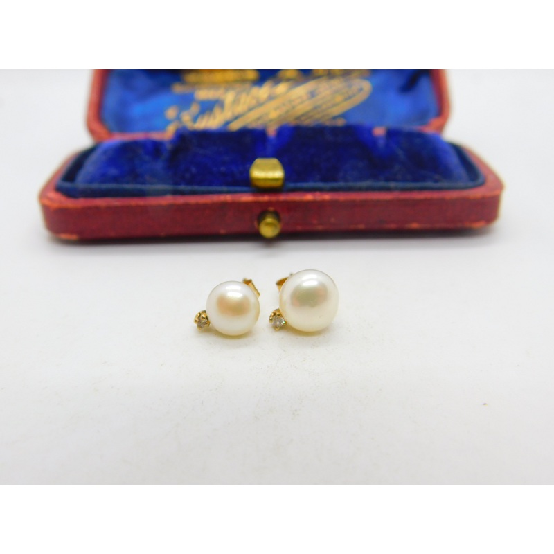 9ct Yellow Gold, Pearl & Diamond Set Stud Earrings Vintage c1970