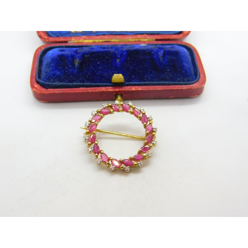 9ct Yellow Gold Ruby & Diamond Wreath Brooch Vintage 1988 Birmingham
