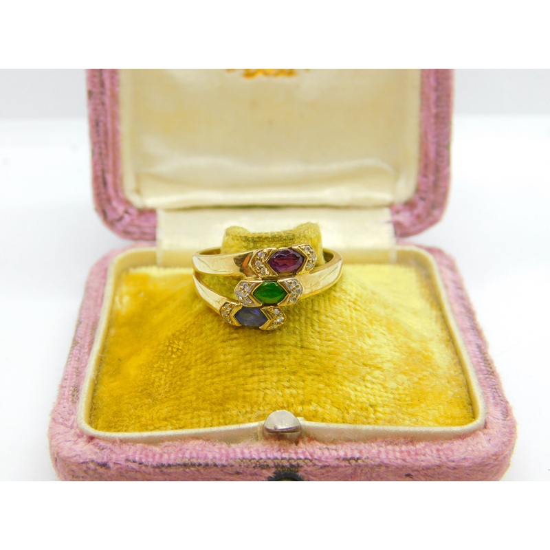 9ct Yellow Gold Ruby, Emerald, Sapphire Paste Stone Crossover Ring Birmingham