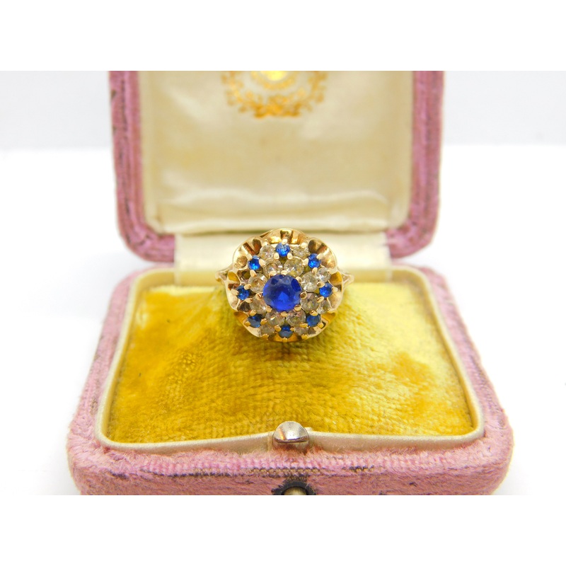 9ct Yellow Gold, Sapphire & Diamond Paste Floral Statement Ring 1972 Birmingham