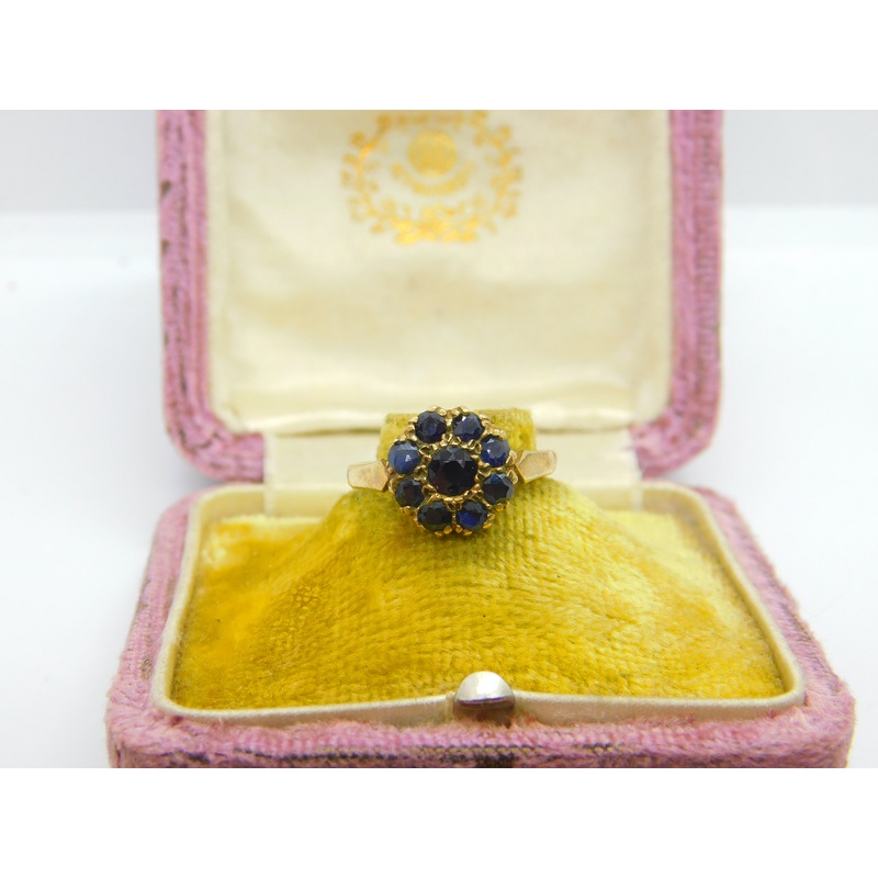 9ct Yellow Gold & Sapphire Floral Cluster Ring 1975 Birmingham Vintage