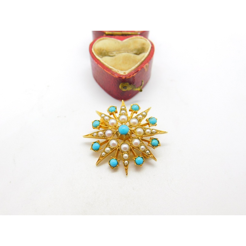 9ct Yellow Gold Starburst Brooch with Pearl & Turquoise 1968 London Vintage