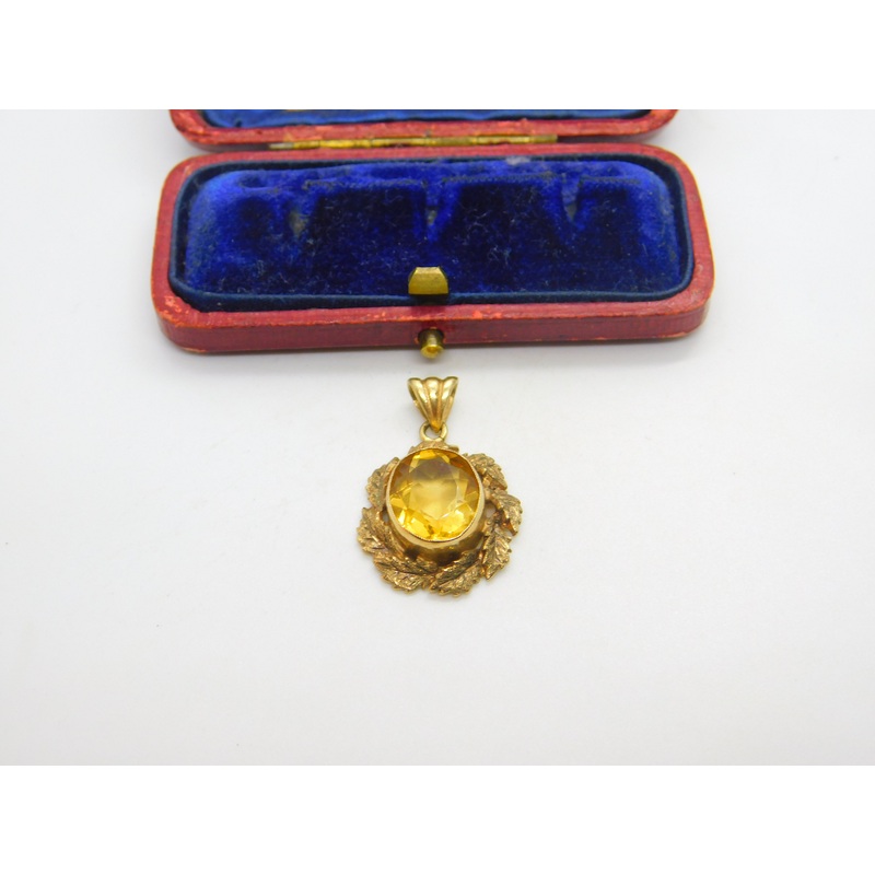 9ct Yellow Gold Wreath Pattern Citrine Drop Pendant Vintage 1972 Birmingham