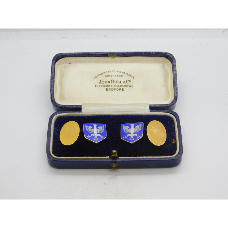 Boxed 9ct Yellow Gold & Blue-White Enamel Polish Crest Cufflinks 1933 Antique