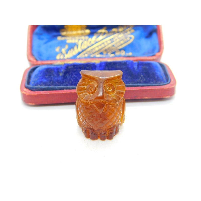Carved Natural Baltic Amber Wise Owl Figure Antique c1920 Art Deco