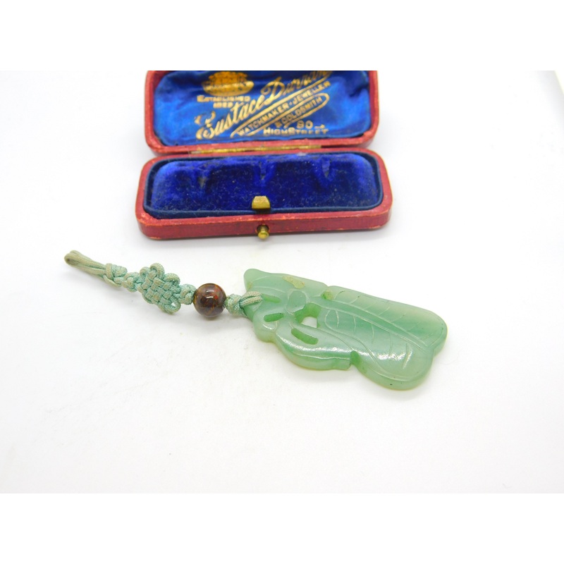 Chinese Carved Green Jade Floral or Leaf Pattern Pendant Keepsake Antique c1900
