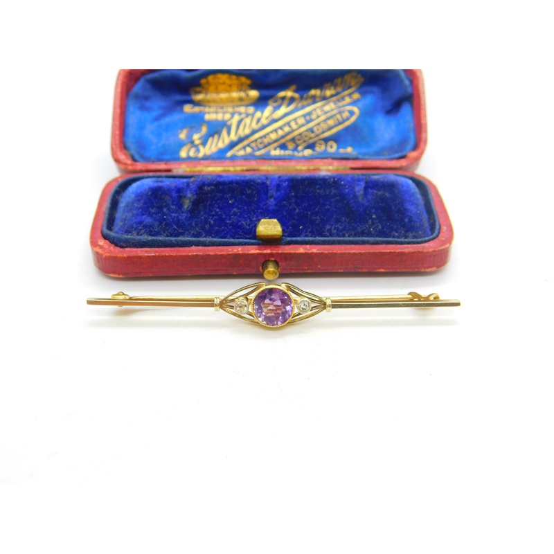 Edwardian 15ct Gold, Amethyst & Diamond Bar Brooch Antique c1910