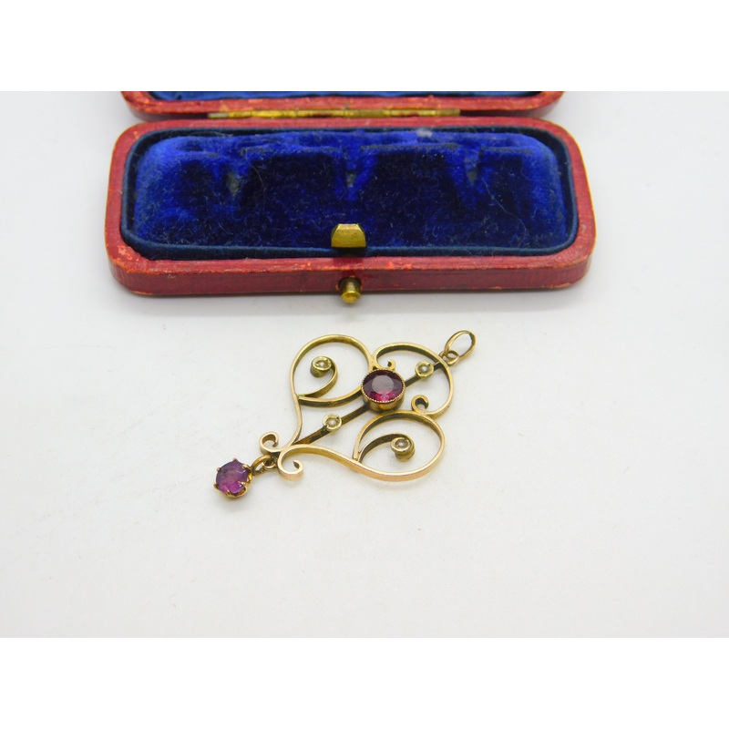 Edwardian 9ct Gold, Garnet & Seed Pearl Lavalier Drop Pendant Antique c1910