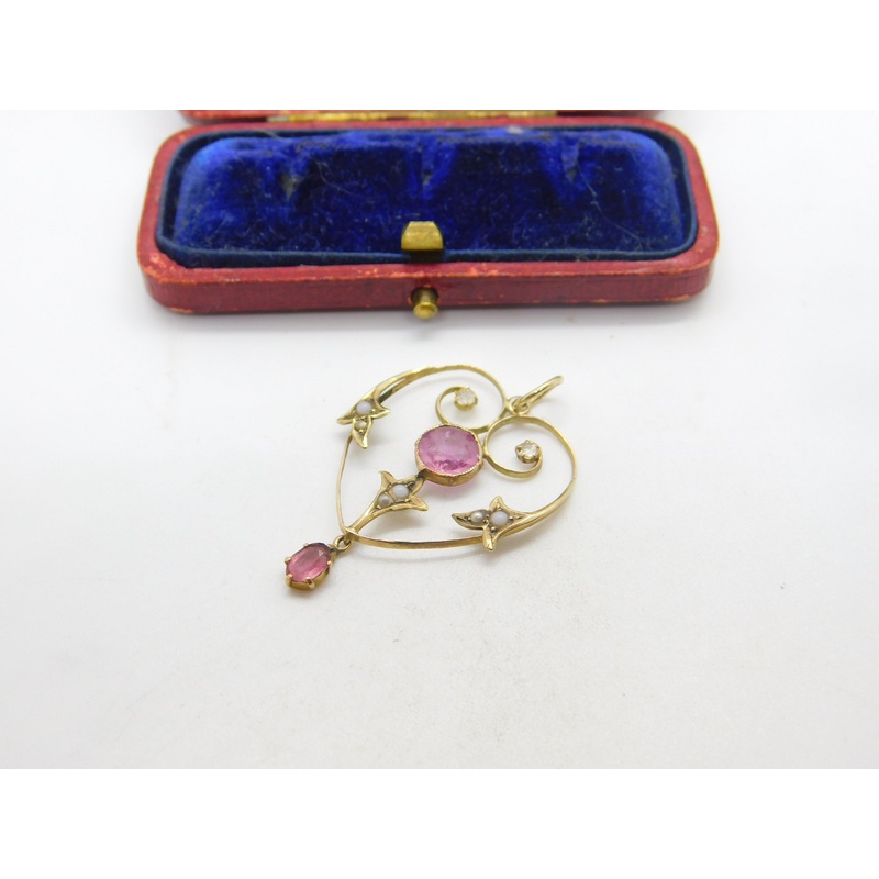 Edwardian 9ct Gold, Pink Topaz & Diamond Paste Lavalier Drop Pendant c1910