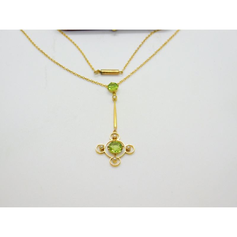 Edwardian 9ct Gold, Seed Pearl & Peridot Suffragette Drop Necklace Antique c1910