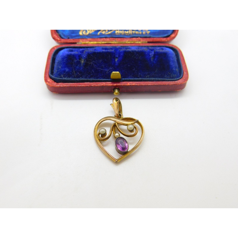 Edwardian 9ct Yellow Gold, Amethyst & Seed Pearl Heart Form Drop Pendant c1910