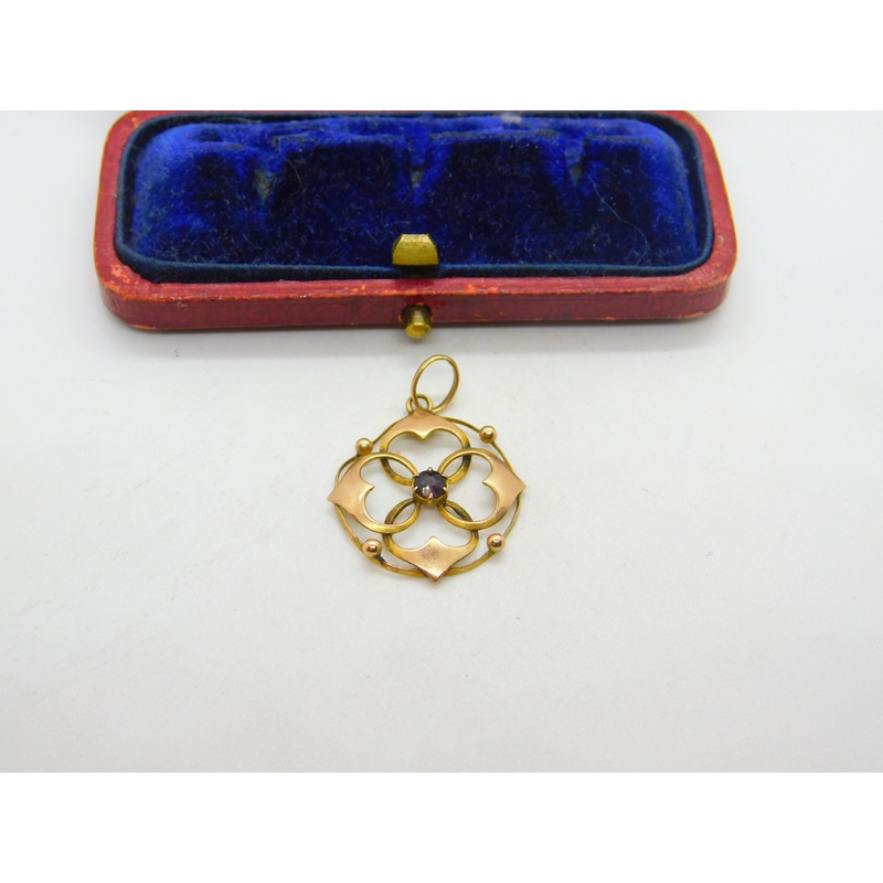 Edwardian 9ct Yellow Gold Floral Form Garnet Drop Pendant Antique c1910