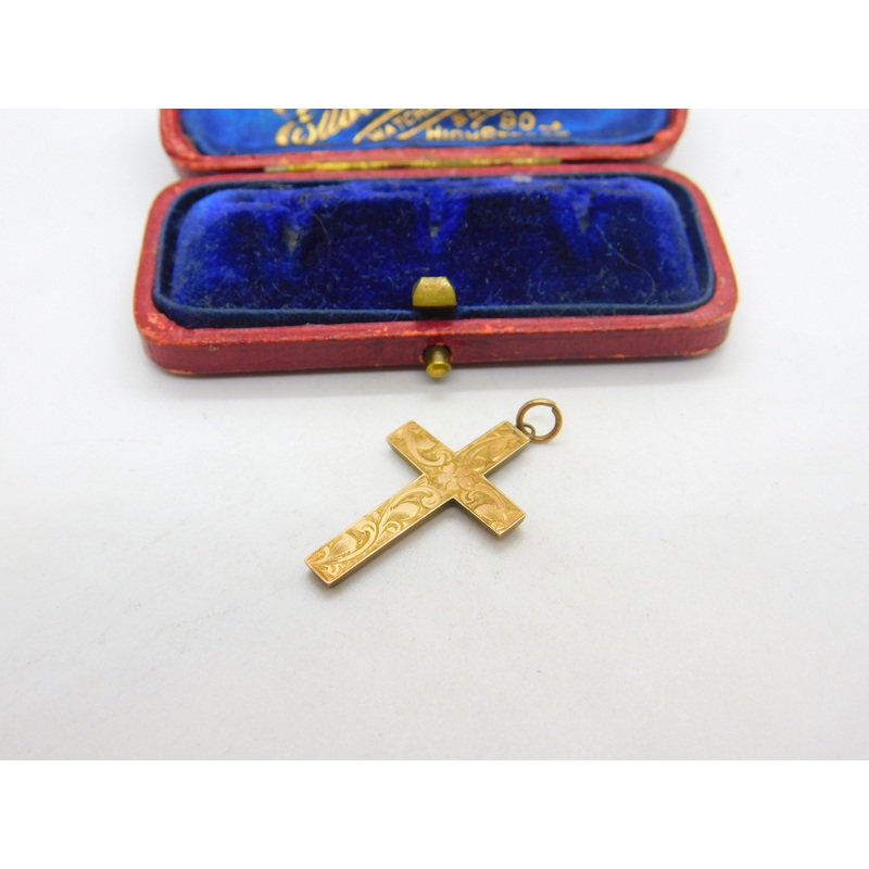 Edwardian 9ct Yellow Gold Floral Pattern Cross Crucifix Antique c1910