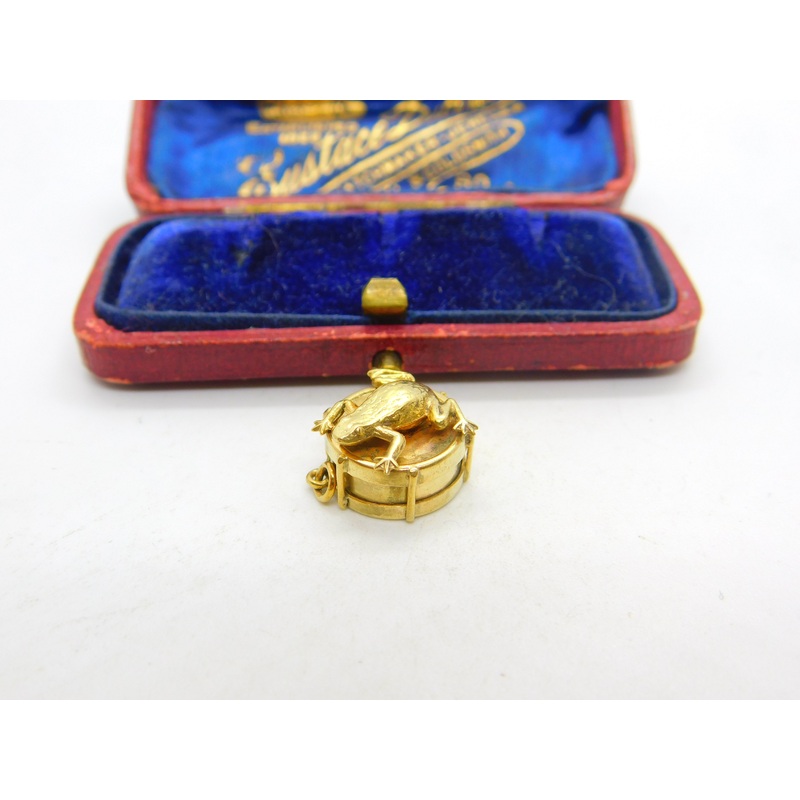Edwardian 9ct Yellow Gold Frog on the Drum Charm Pendant Antique c1910