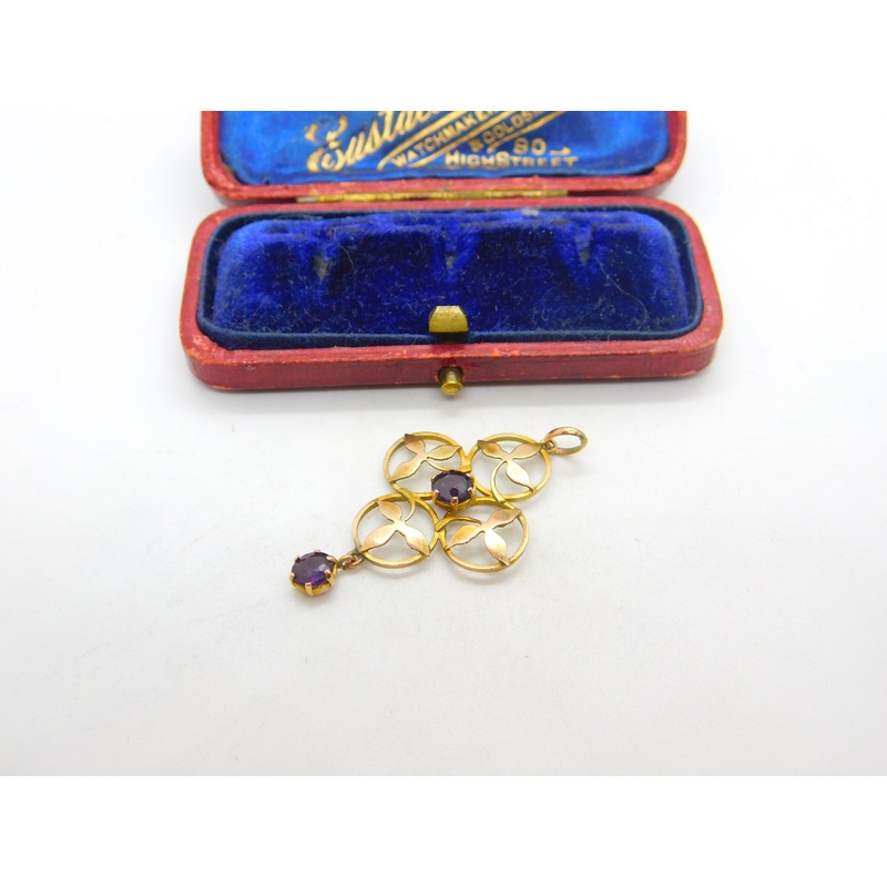 Edwardian 9ct Yellow Gold Garnet Set Floral Lavalier Drop Pendant Antique c1910