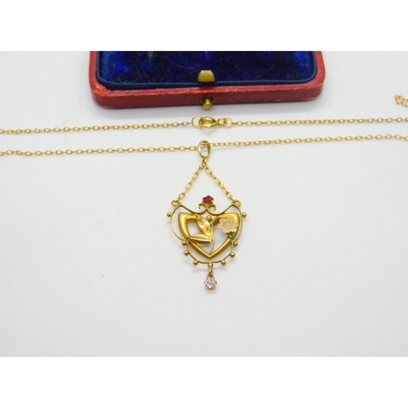 Edwardian 9ct Yellow Gold Paste & Diamond Lavalier Drop Necklace c1910 16"