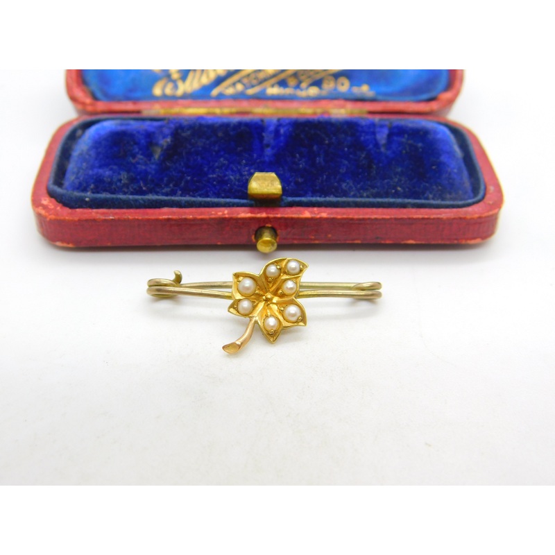 Edwardian 9ct Yellow Gold & Seed Pearl Ivy Leaf Sweetheart Brooch c1910 Antique