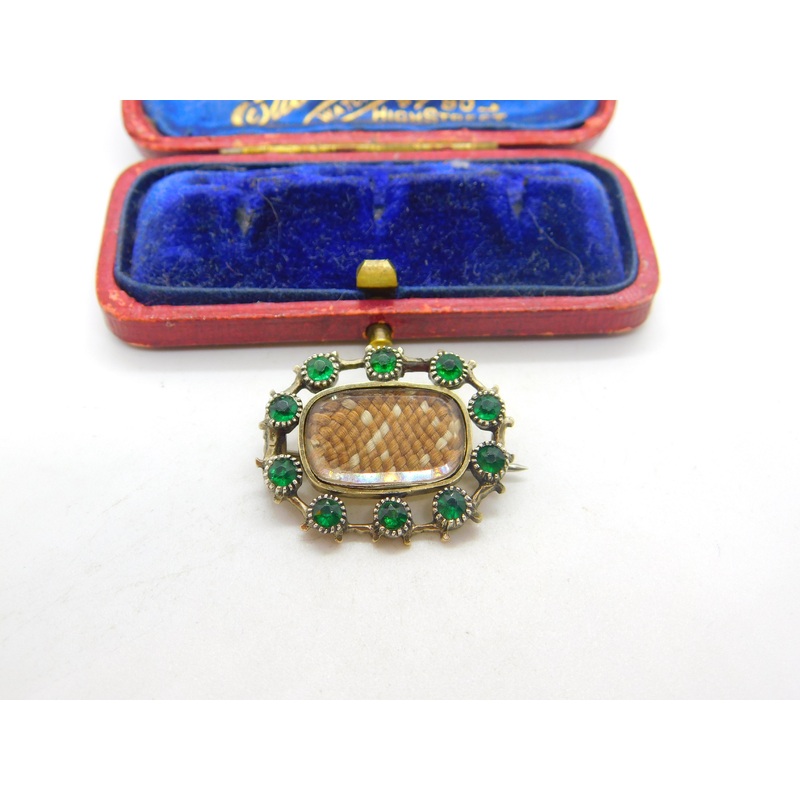 Georgian 9ct Gold Mourning Brooch with Hair Weave & Emerald Paste c1810 Antique