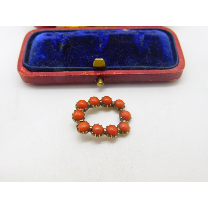 Georgian 9ct Rose Gold & Red Coral Set Brooch Pin Antique c1800 AF