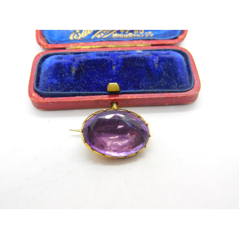 Georgian 9ct Yellow Gold & Faceted Amethyst Brooch Antique c1810 Seal Back