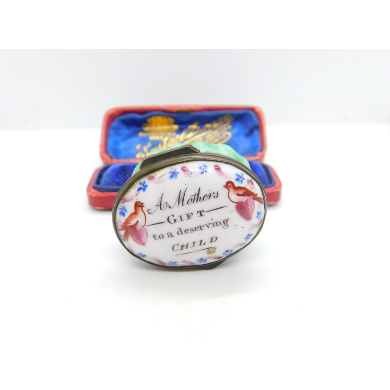 Georgian Bilston Enamel 'A Mothers Gift to a deserving Child' Patch Box c1780