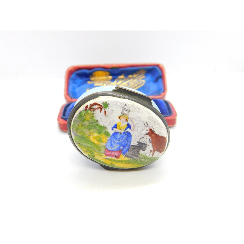 Georgian Biltson Colourful Enamel Milkmaid with Cows Patch Box Antique c1780