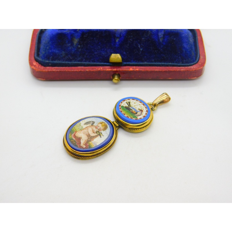 Georgian Grand Tour Yellow Gold Dove & Cherub Micro Mosaic Drop Pendant c1830