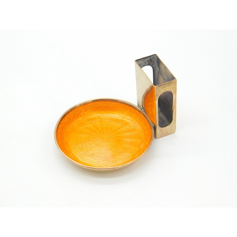Gold Plated Orange Guilloche Enamel Ashtray & Match Box Holder c1920 Art Deco