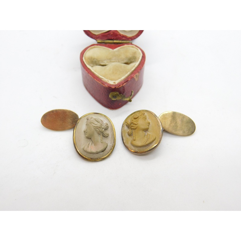 Grand Tour 9ct Gold & Rolled Gold Set Carved Lava Cameo Cufflinks c1820 Antique
