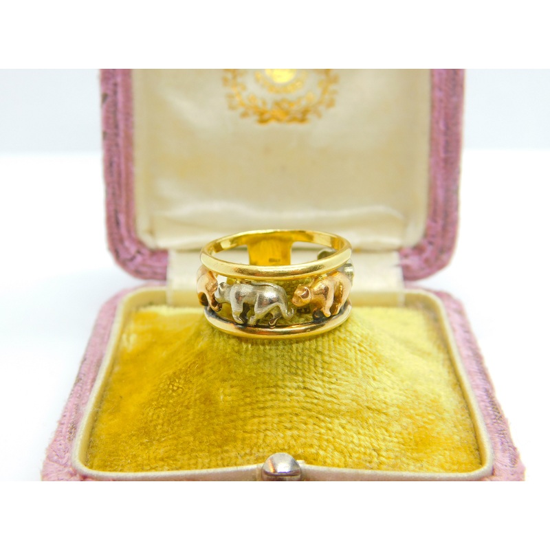 Italian 18ct Three Colour Walking Grizzly Bear Band Ring Vintage c1980