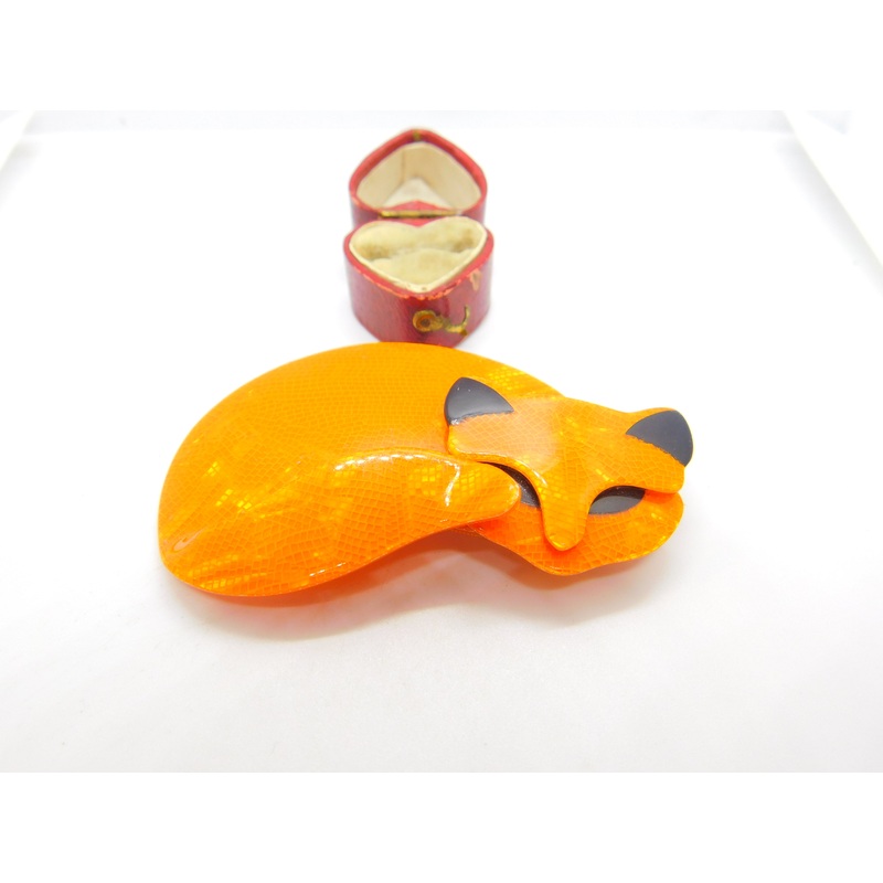 Lea Stein Paris Marked Bright Orange Cat Brooch Pin Vintage c1960