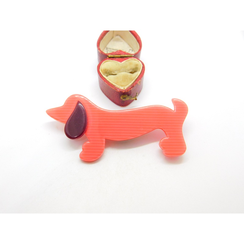 Lea Stein Paris Marked Sausage Dog Brooch Pin Vintage c1960