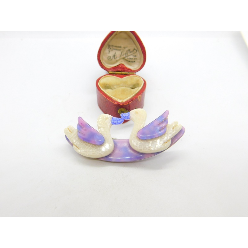 Lea Stein Paris Pair of Swans Kissing Brooch Pin Vintage c1960 French